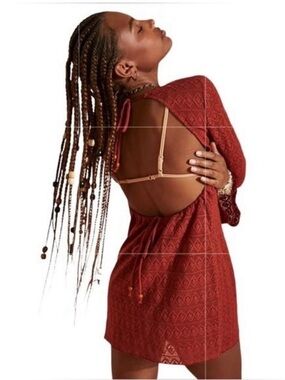 Free People Sea Through Open-Back Crochet Dress in Rust